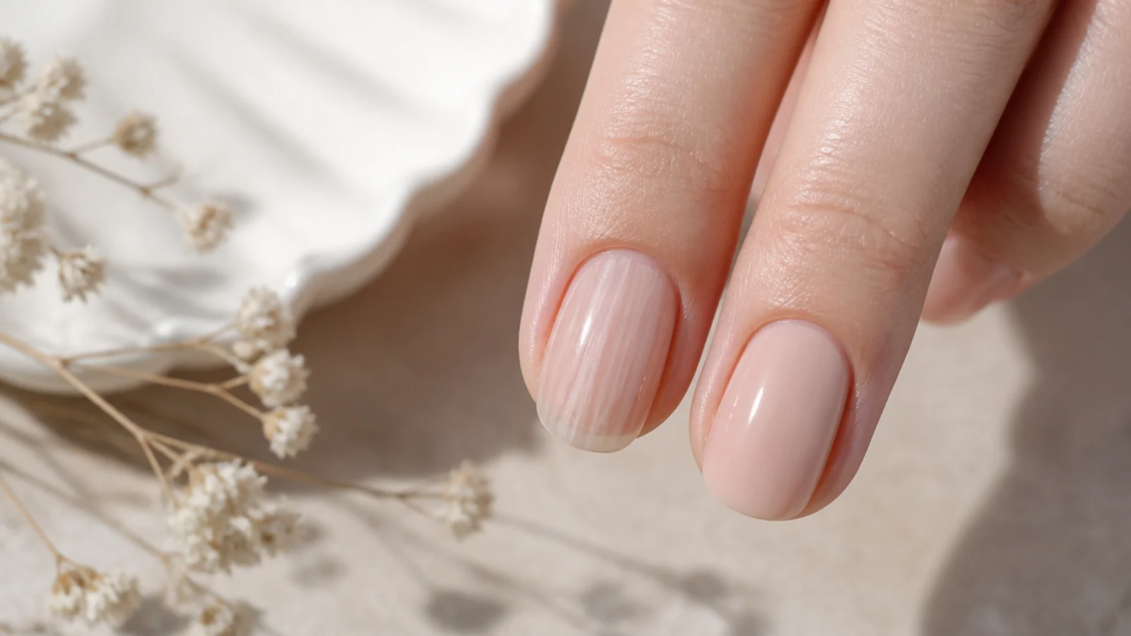 Two nails compared, one with a streaky sheer nude coat and one applied smooth and even