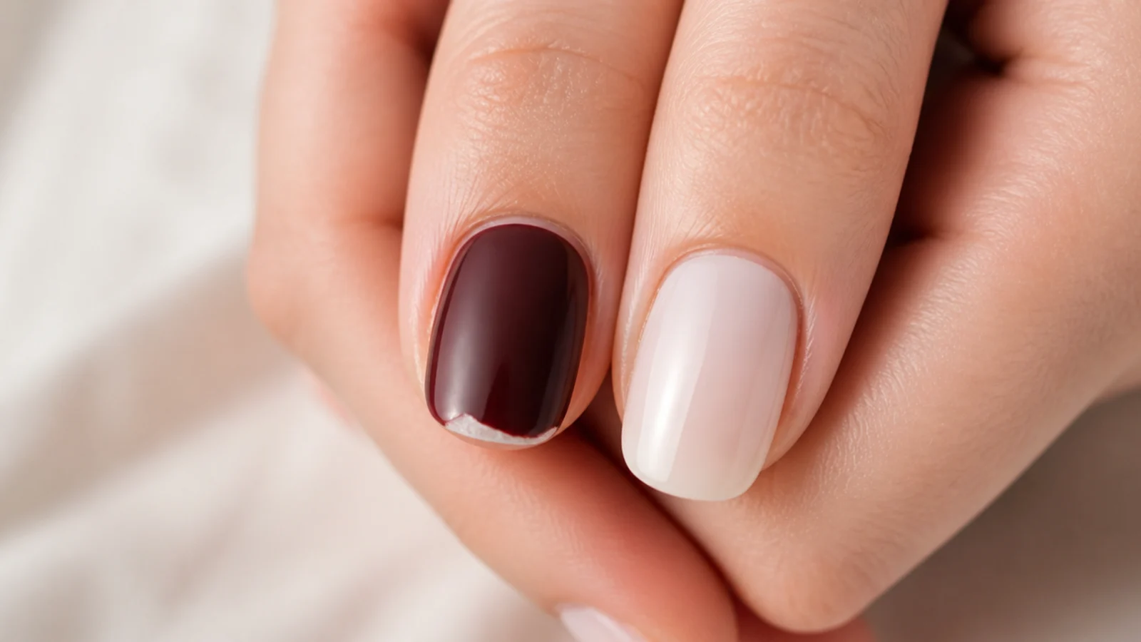 Close-up comparison of a chipped dark nail tip beside an intact milky nude nail tip