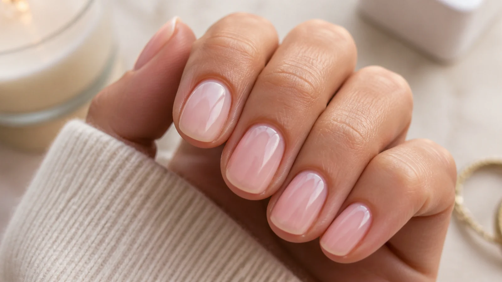 Short oval nails in sheer ballet pink showing the natural nail through a glossy wash