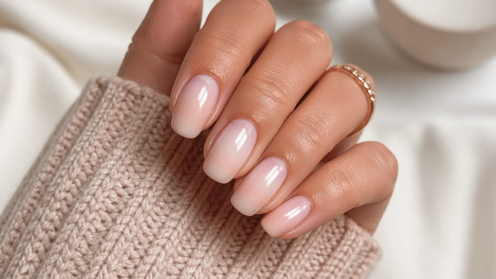 Milky aura nails with a soft pale halo glowing in the center of a sheer nude base