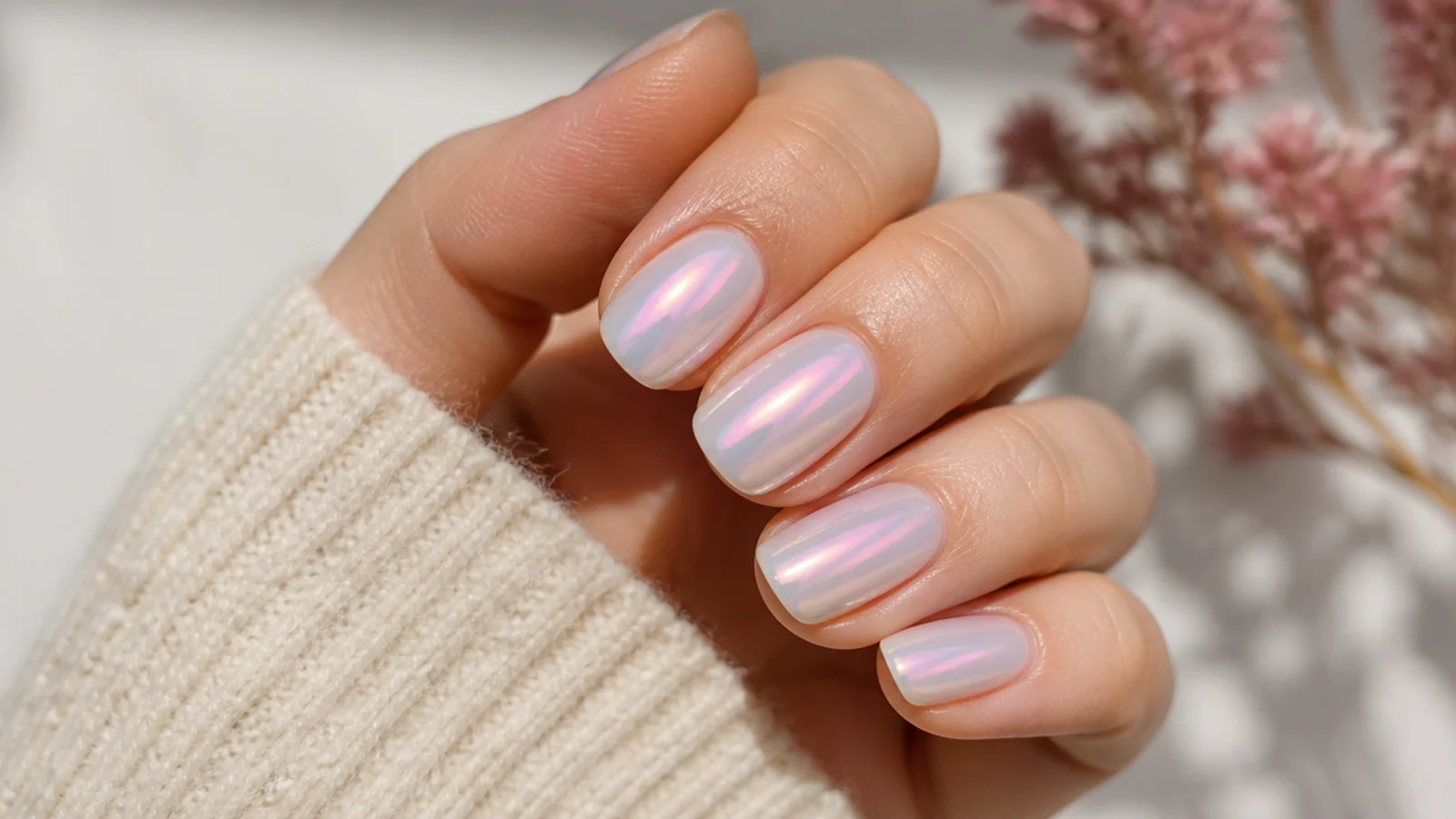 Glazed pearl neutral nails with an iridescent sheen shifting pink and lilac over a milky base
