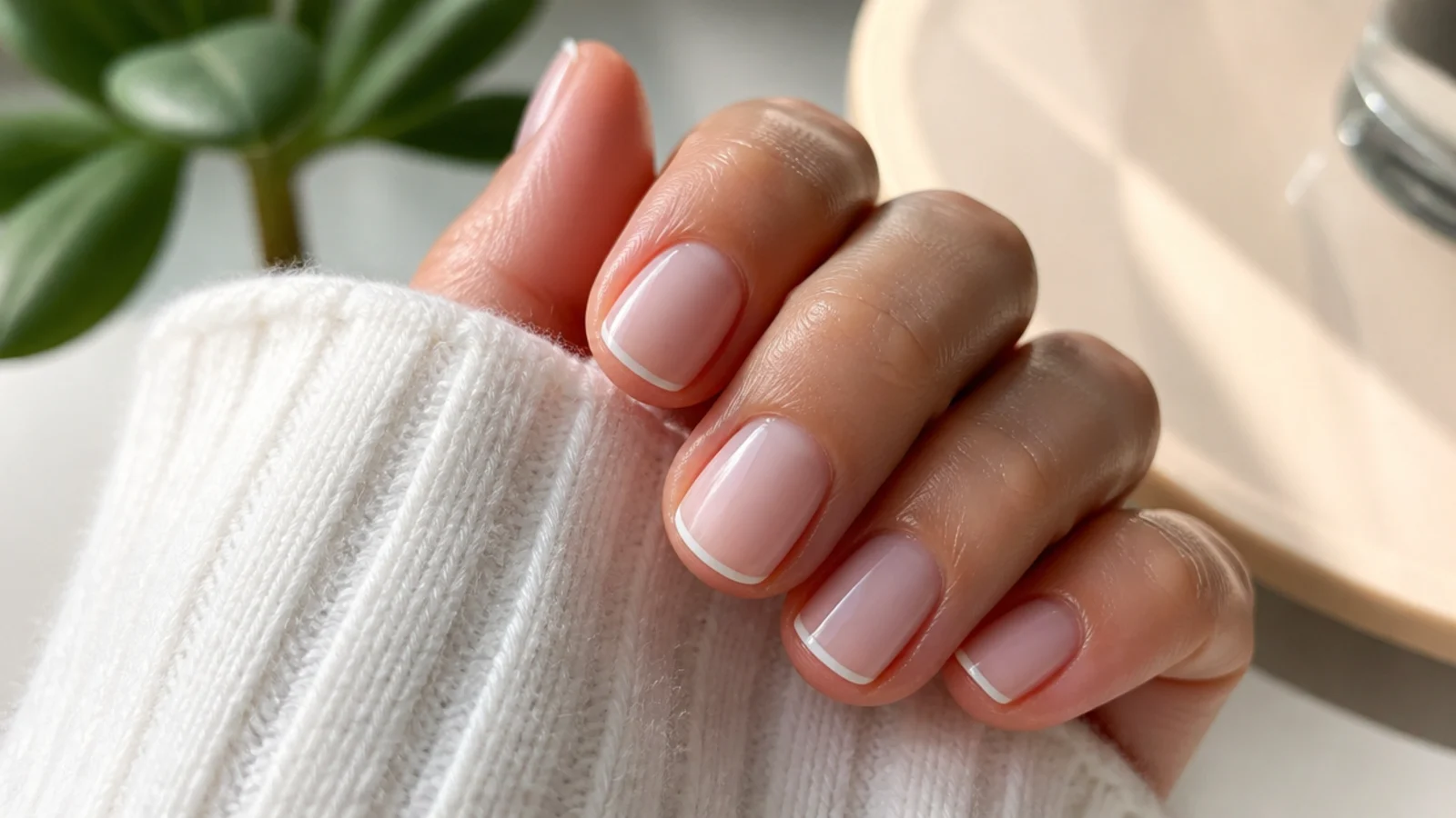 Short nails with a hairline white micro French tip painted over a milky nude base
