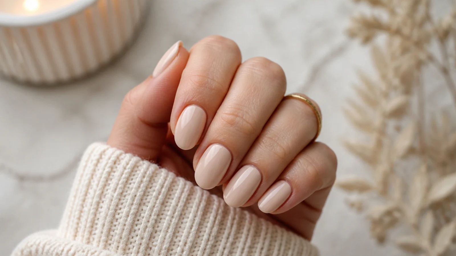 Short almond nails in warm beige with a creamy opaque finish and glossy top coat