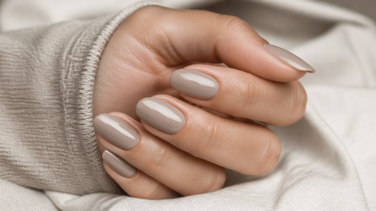 Medium oval nails in soft taupe with a smooth cream finish