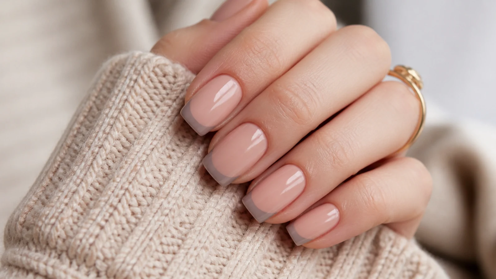 Nude base nails with soft taupe French tips and a straight smile line