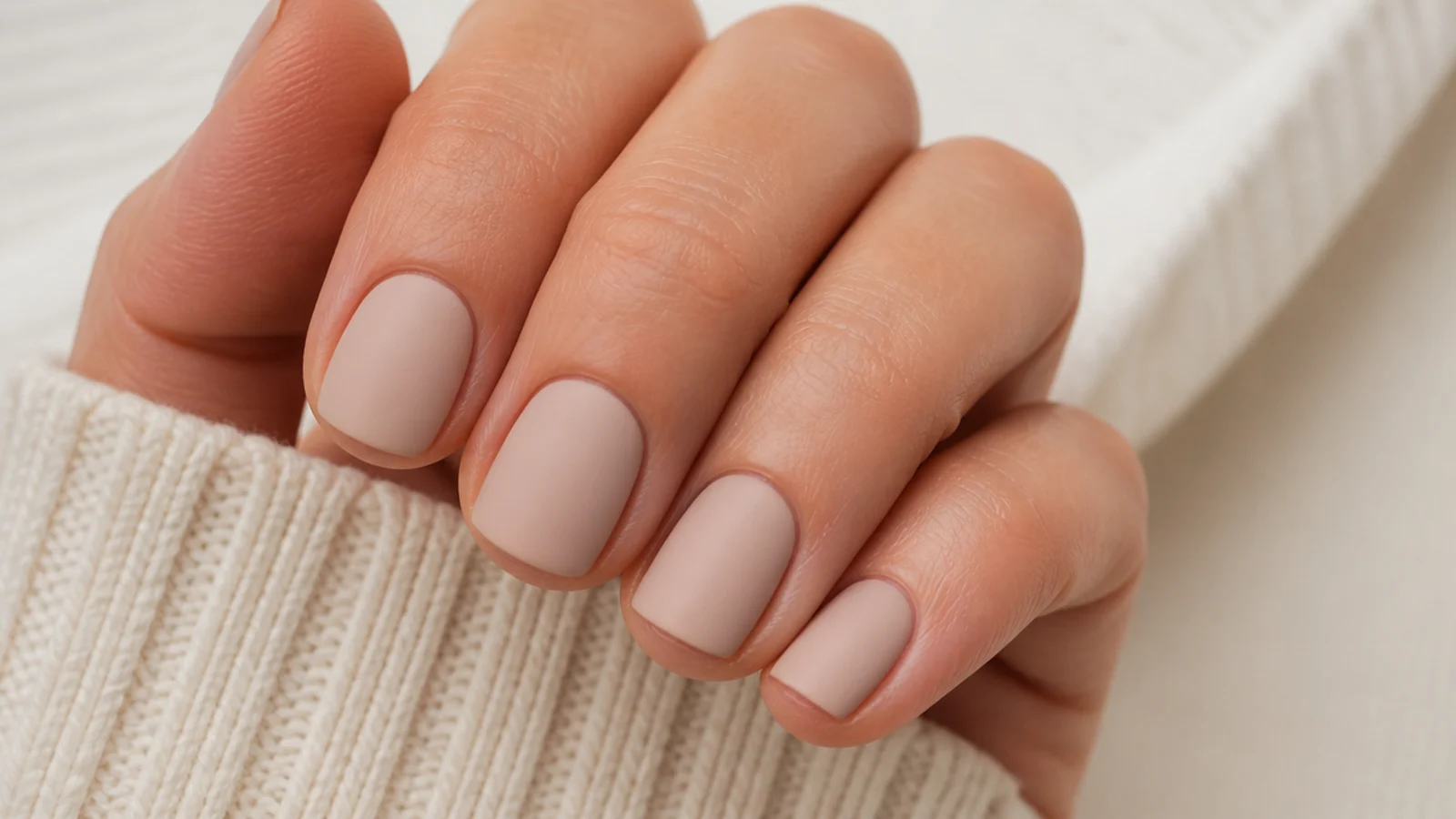 Short square nails in matte nude with a soft velvet flat finish