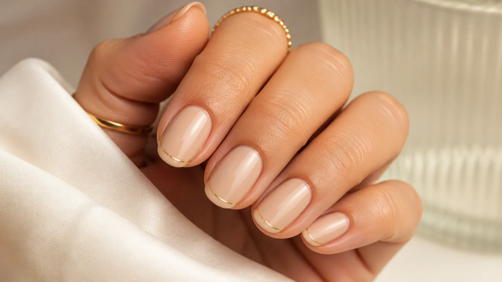 Beige nails with a hairline gold micro French line traced along the free edge