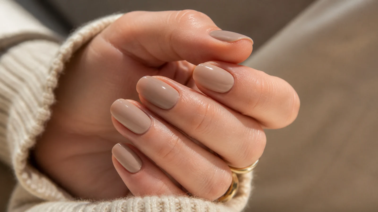 Short almond nails in soft latte beige brown with a smooth creamy finish