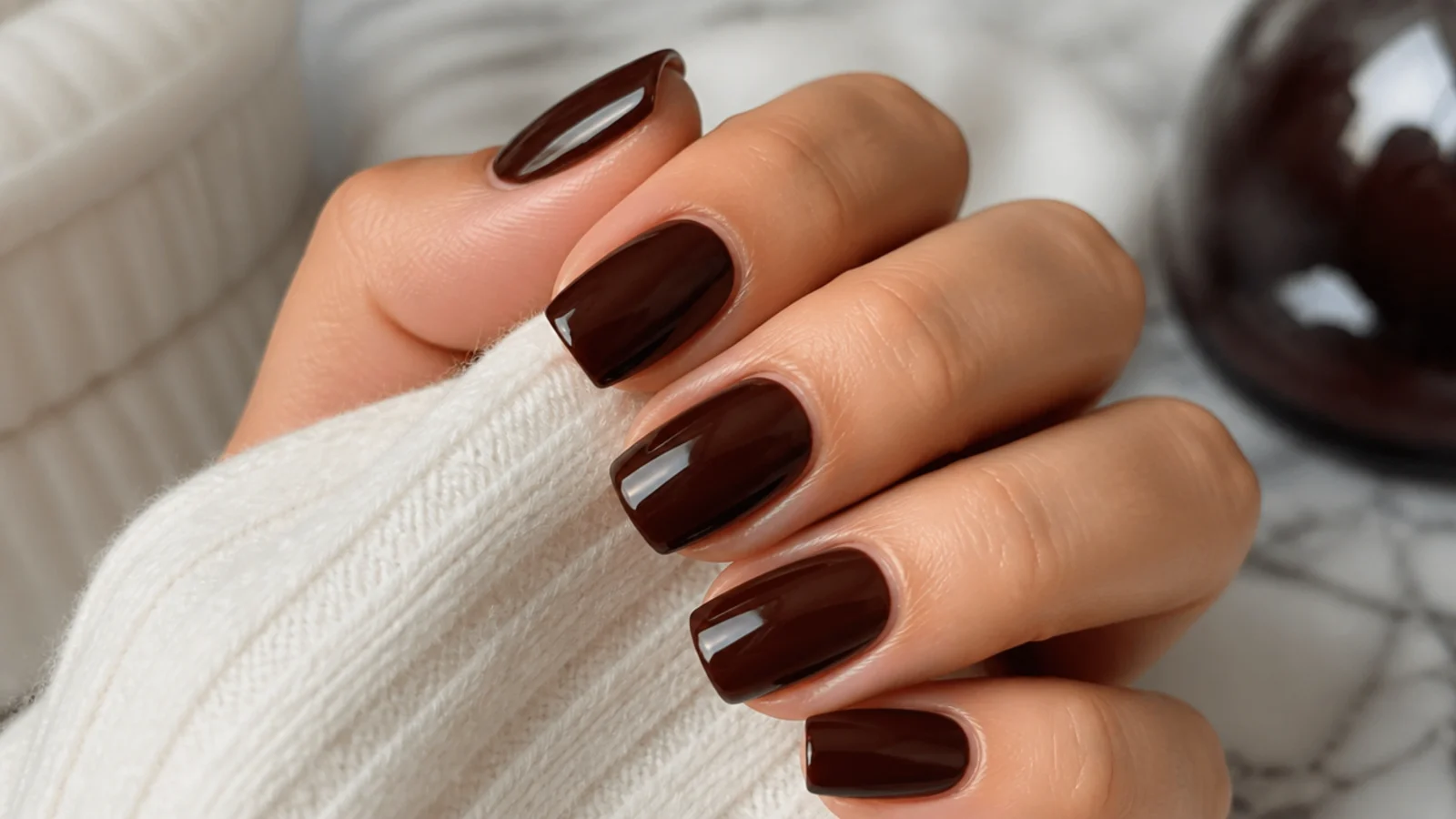 Medium squoval nails in deep espresso brown with a rich glossy finish