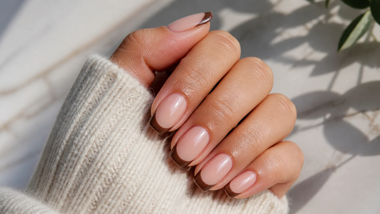 Nude base nails with mocha brown French tips and a crisp smile line