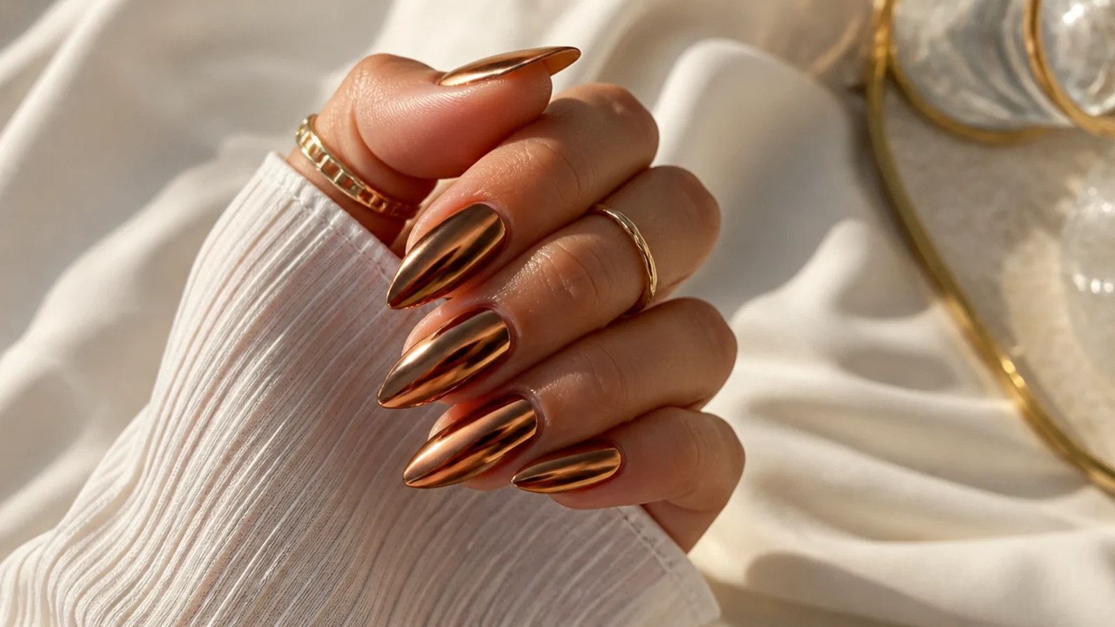 Almond nails in caramel brown with a warm metallic chrome mirror sheen