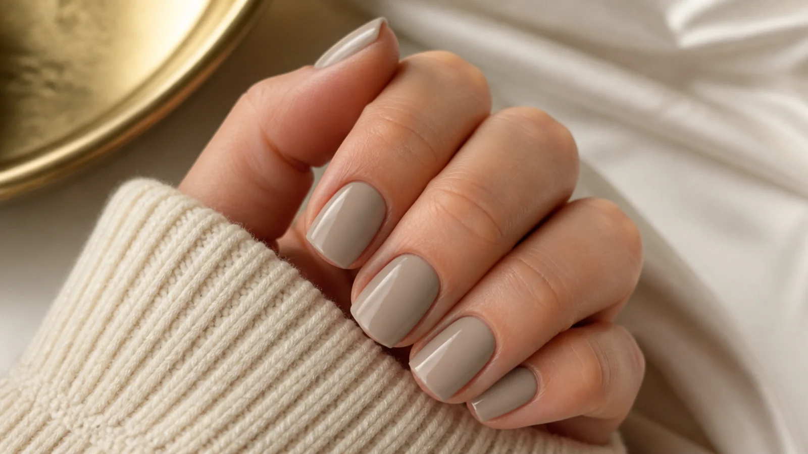 Short squoval nails in greige, a gray beige blend, with a soft cream finish