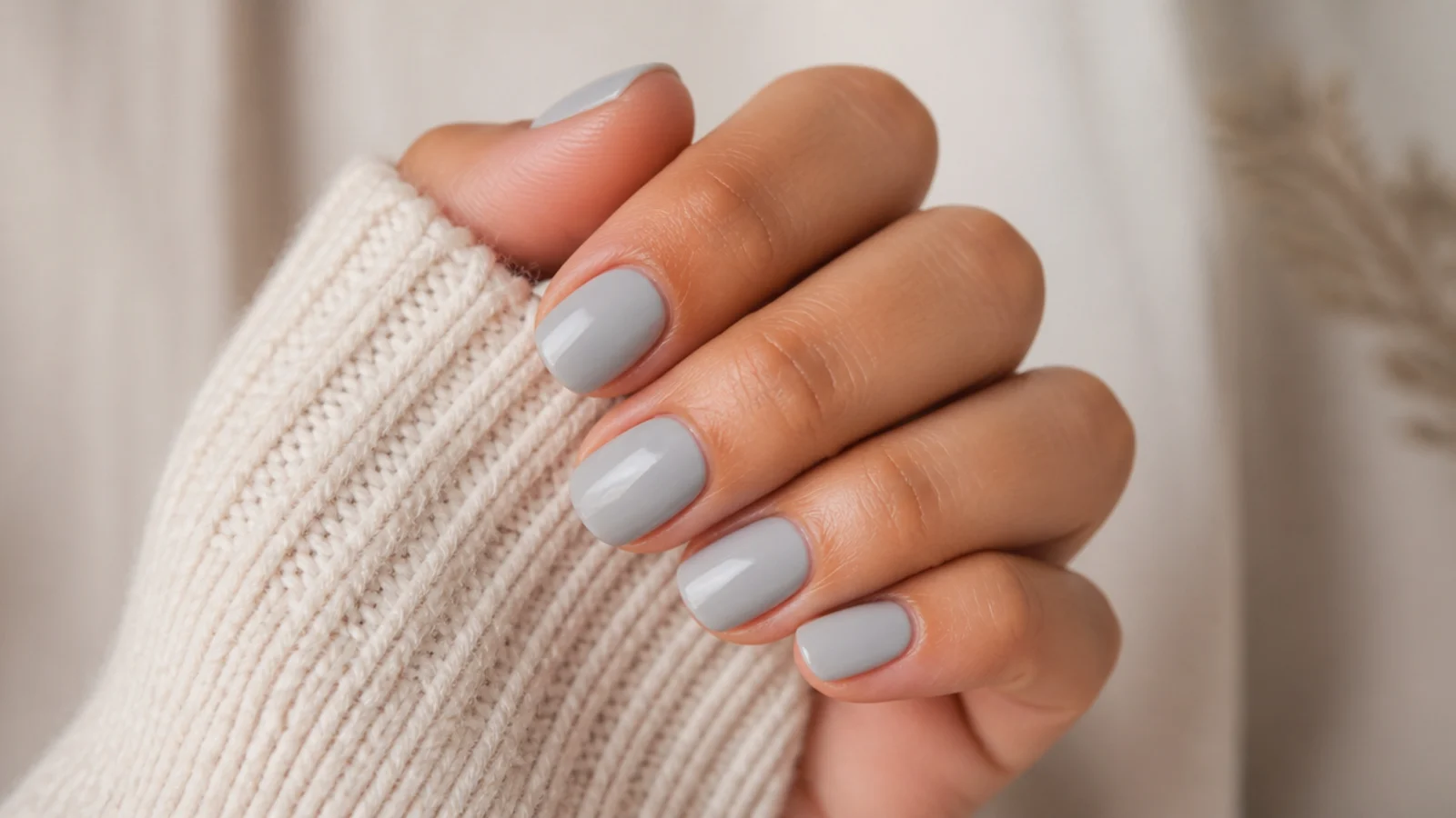 Short oval nails in light dove gray with a smooth opaque cream finish