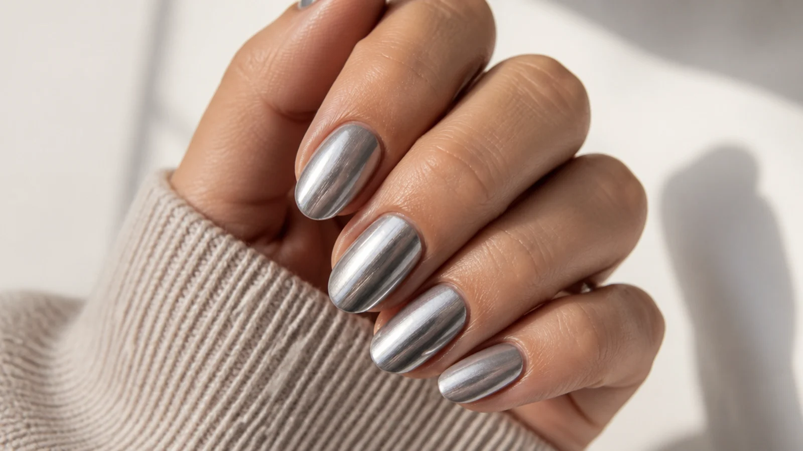 Short almond nails in soft gray chrome with a brushed pewter mirror finish