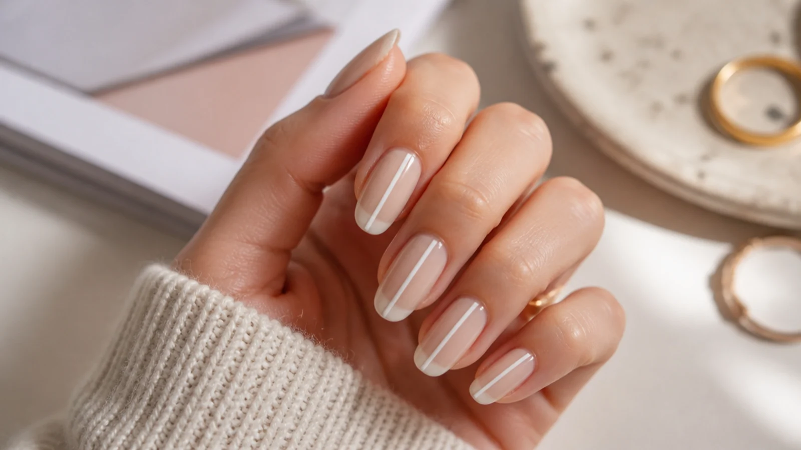 Milky beige nails with one skinny white stripe painted down the center of each nail