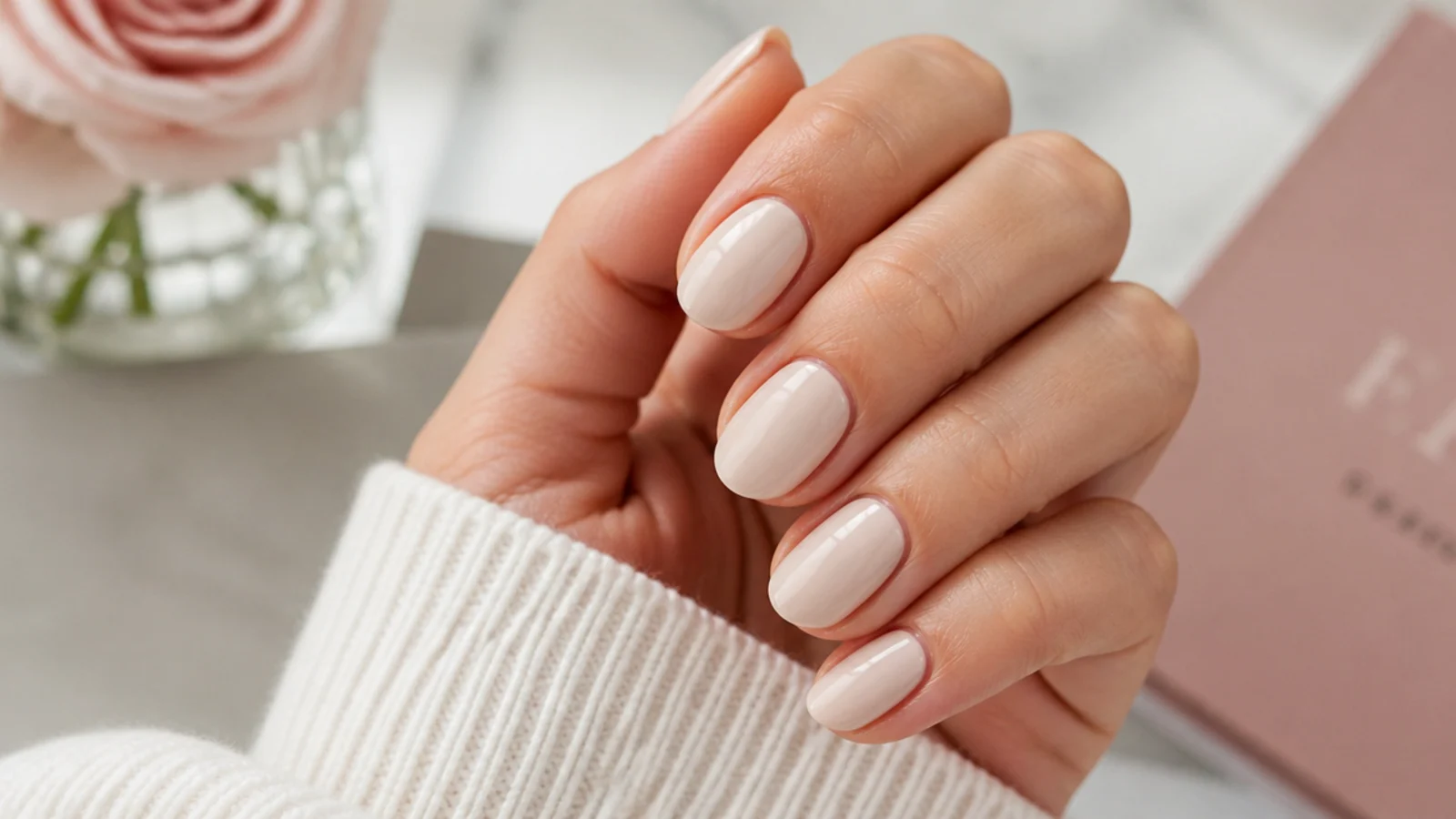 Short almond nails in milky beige with a glossy finish and clean rounded cuticles