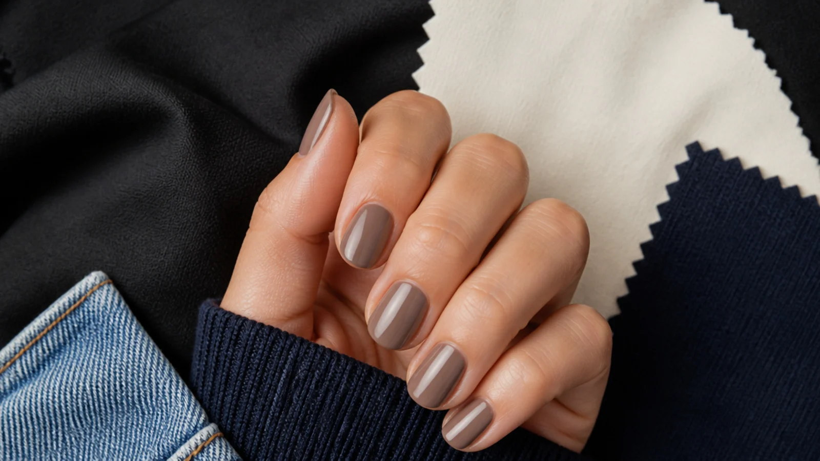 Taupe painted nails photographed against black, cream, navy and denim fabric swatches