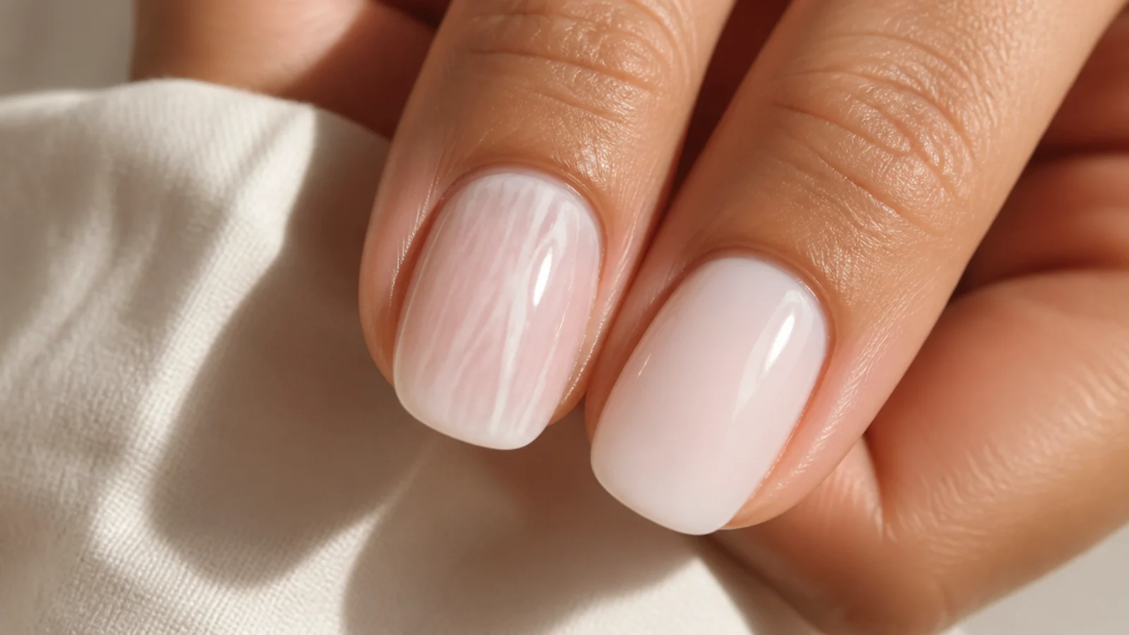 Close-up of a streaky sheer milky nail beside a smooth evenly applied milky nail
