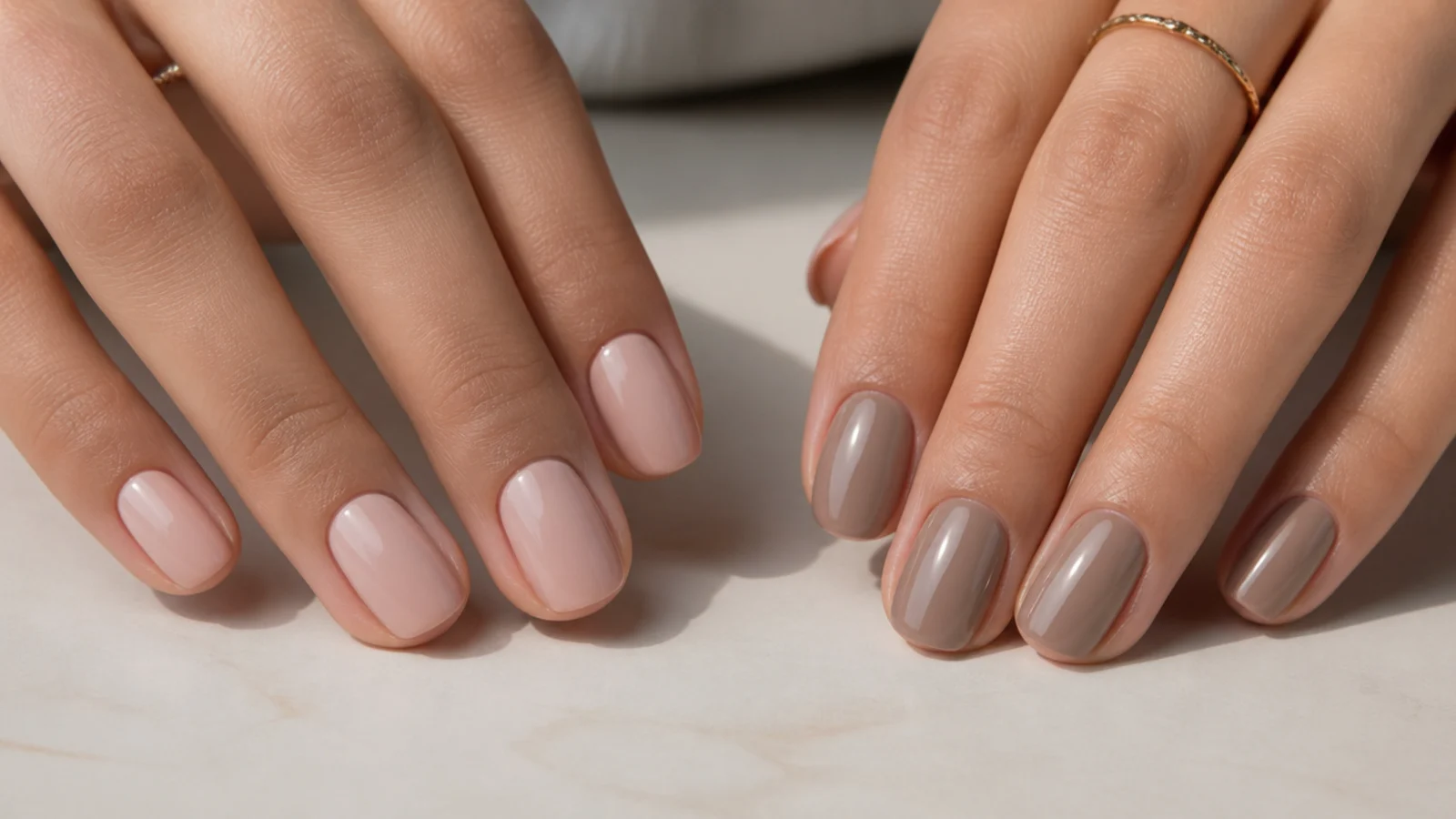 Two hands side by side comparing a nude nail matched to skin and a taupe neutral nail