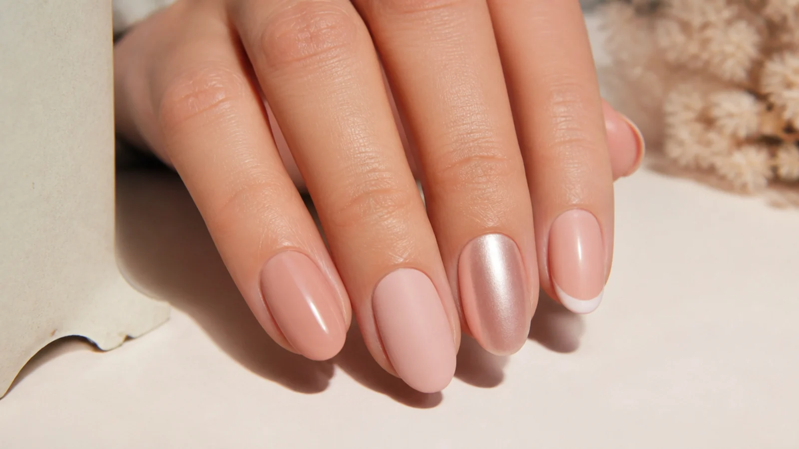 Four neutral nail finishes compared, gloss, matte, pearl chrome and micro French