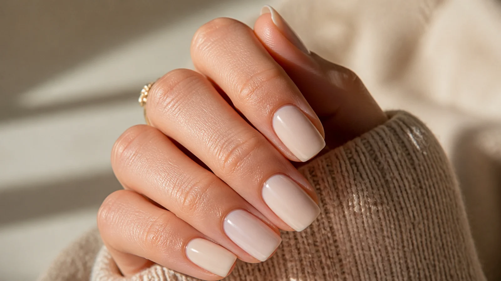 Close-up of milky beige nails with pushed-back cuticles and an even free edge line
