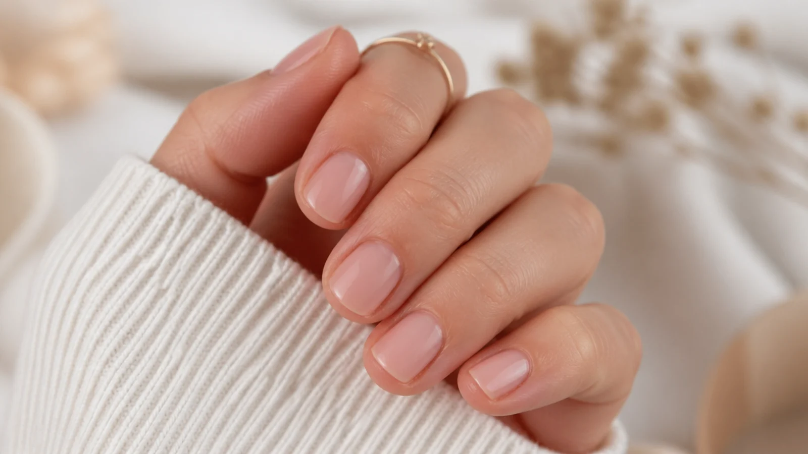 Very short natural nails with a barely there sheer nude wash and clean pushed back cuticles