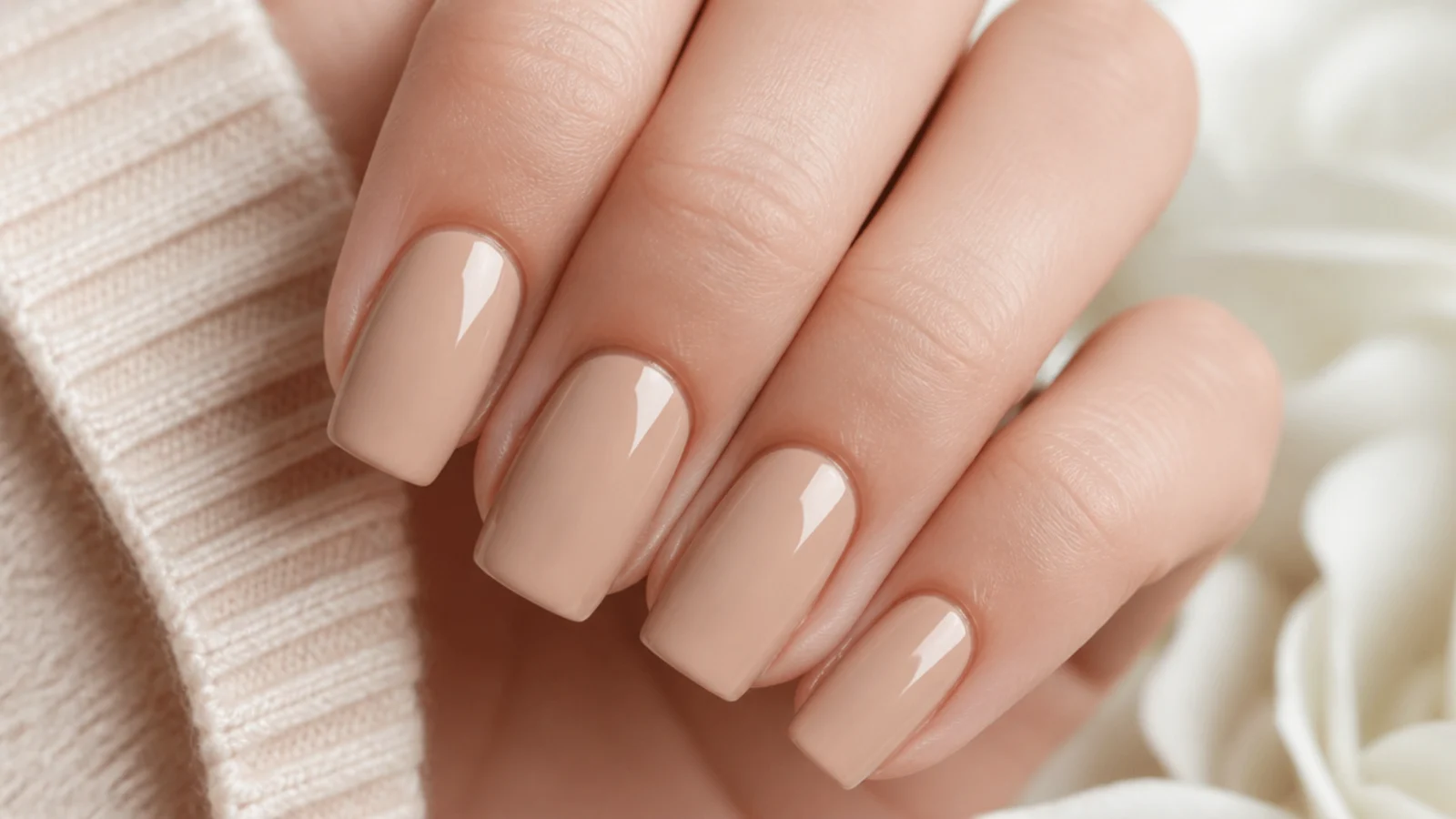 Medium beige nude nails with a mirror level gloss top coat and squoval tips