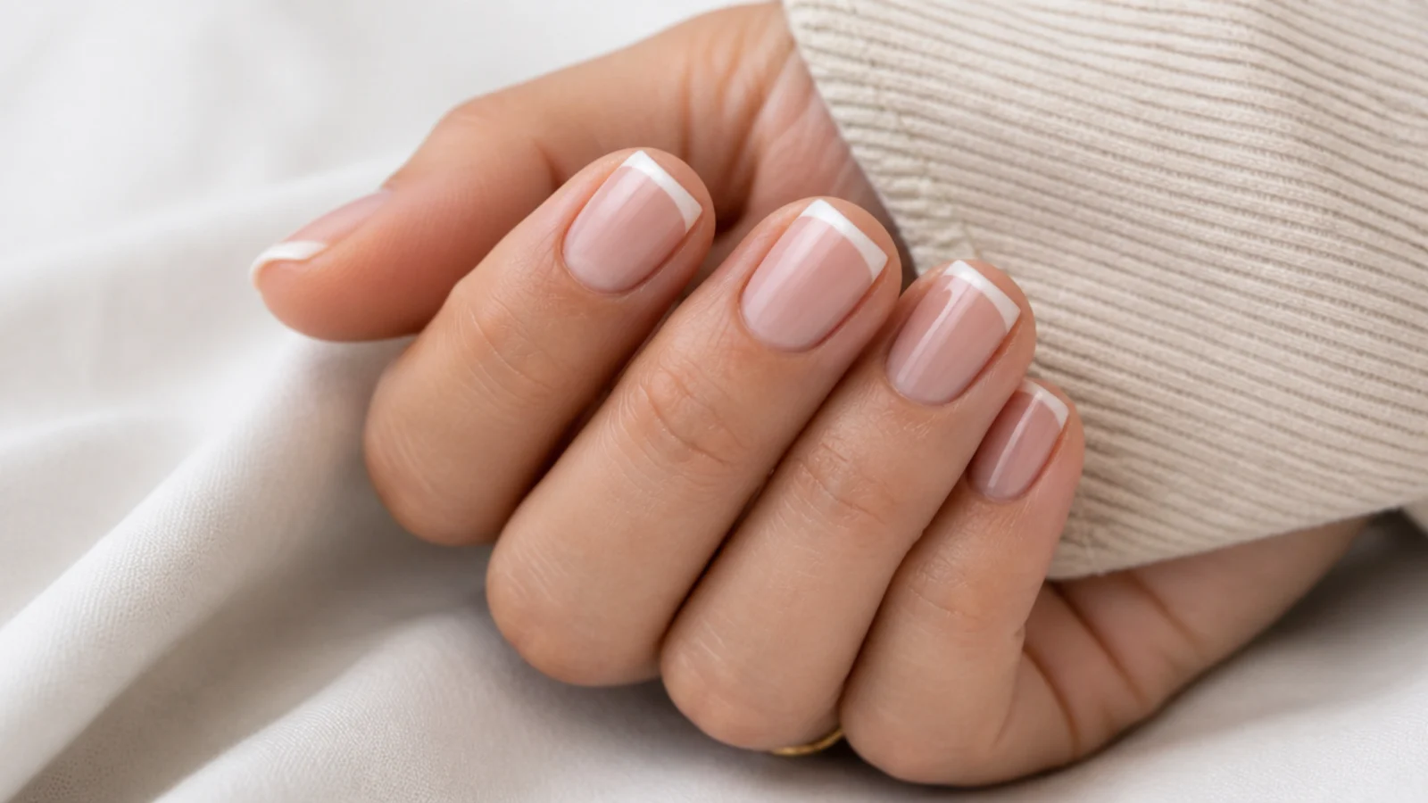 Short nude nails with a hairline white micro French tip drawn along the free edge