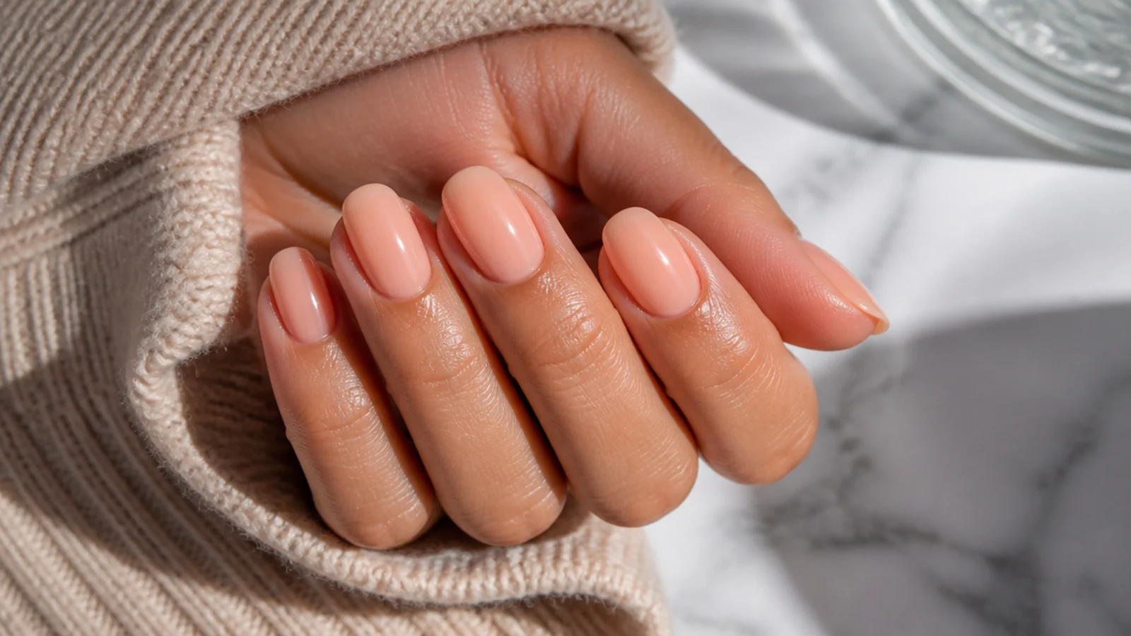 Oval peachy nude nails in a soft apricot leaning beige with glossy finish