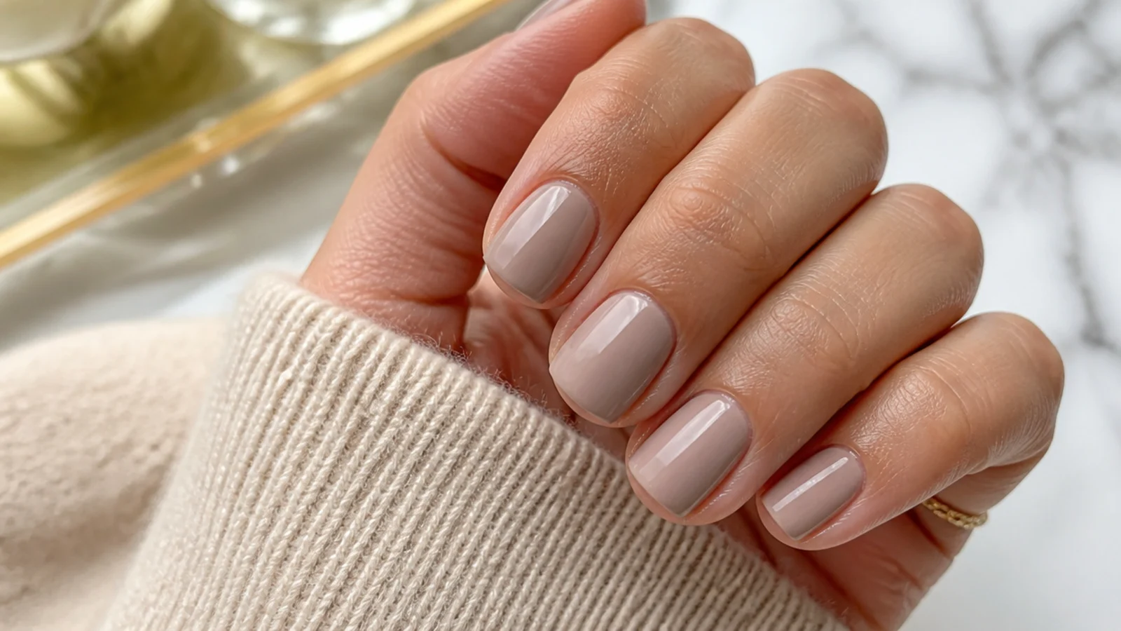 Short squoval nails in a muted taupe nude with a clean grown out free edge