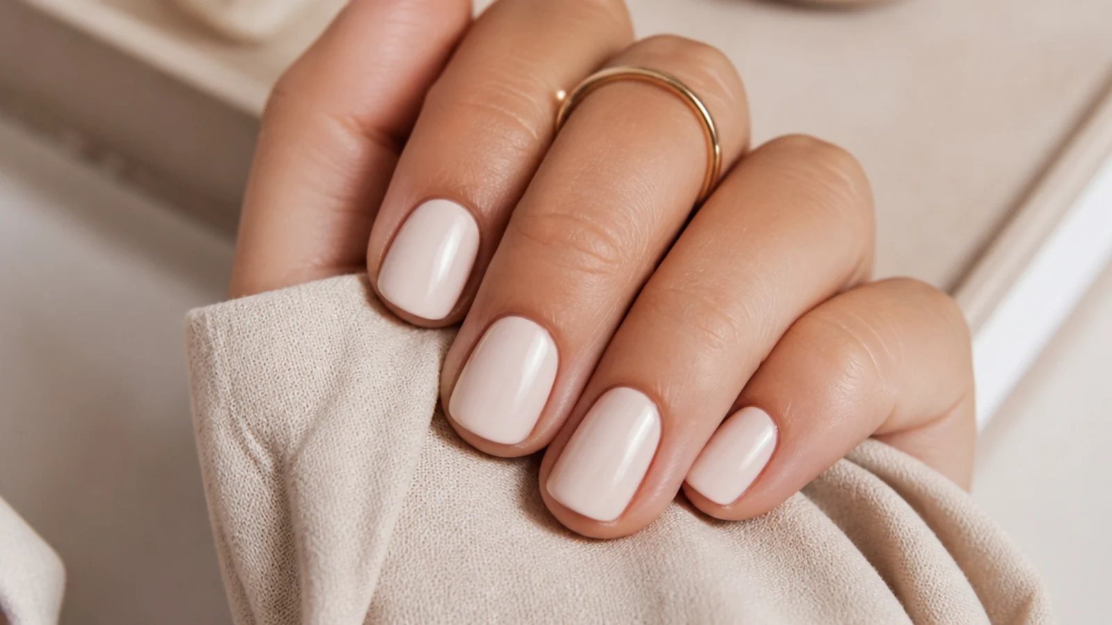 Short rounded nails in a soft ivory nude with an even matte free edge and neat cuticles