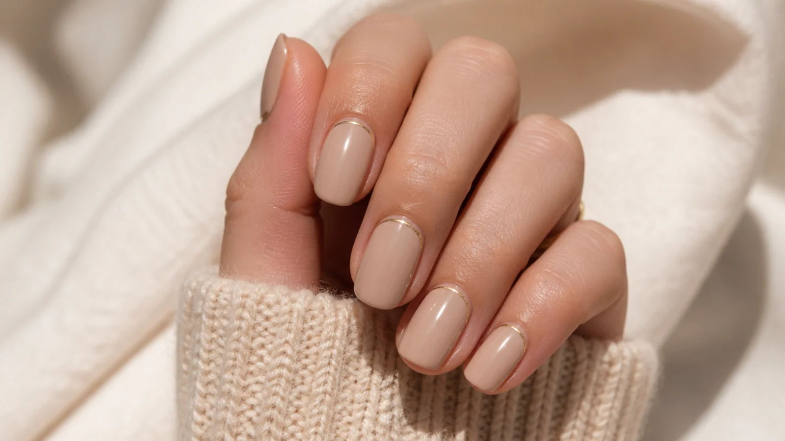 Nude beige nails with a fine gold metallic line painted along the cuticle curve