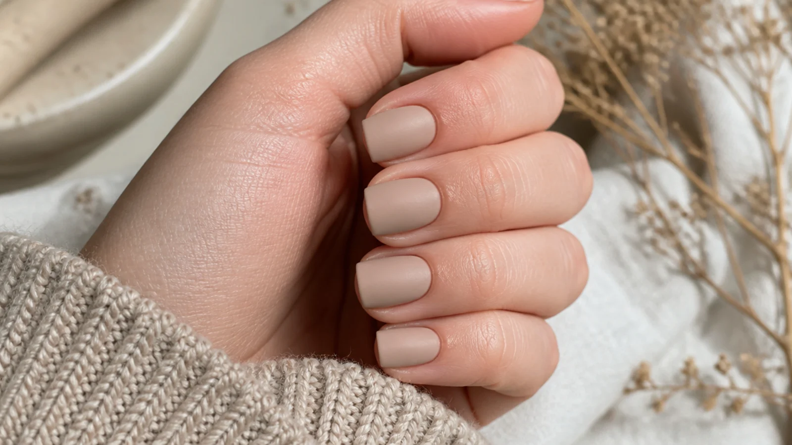 Short matte nude nails in a flat velvety beige with no reflection