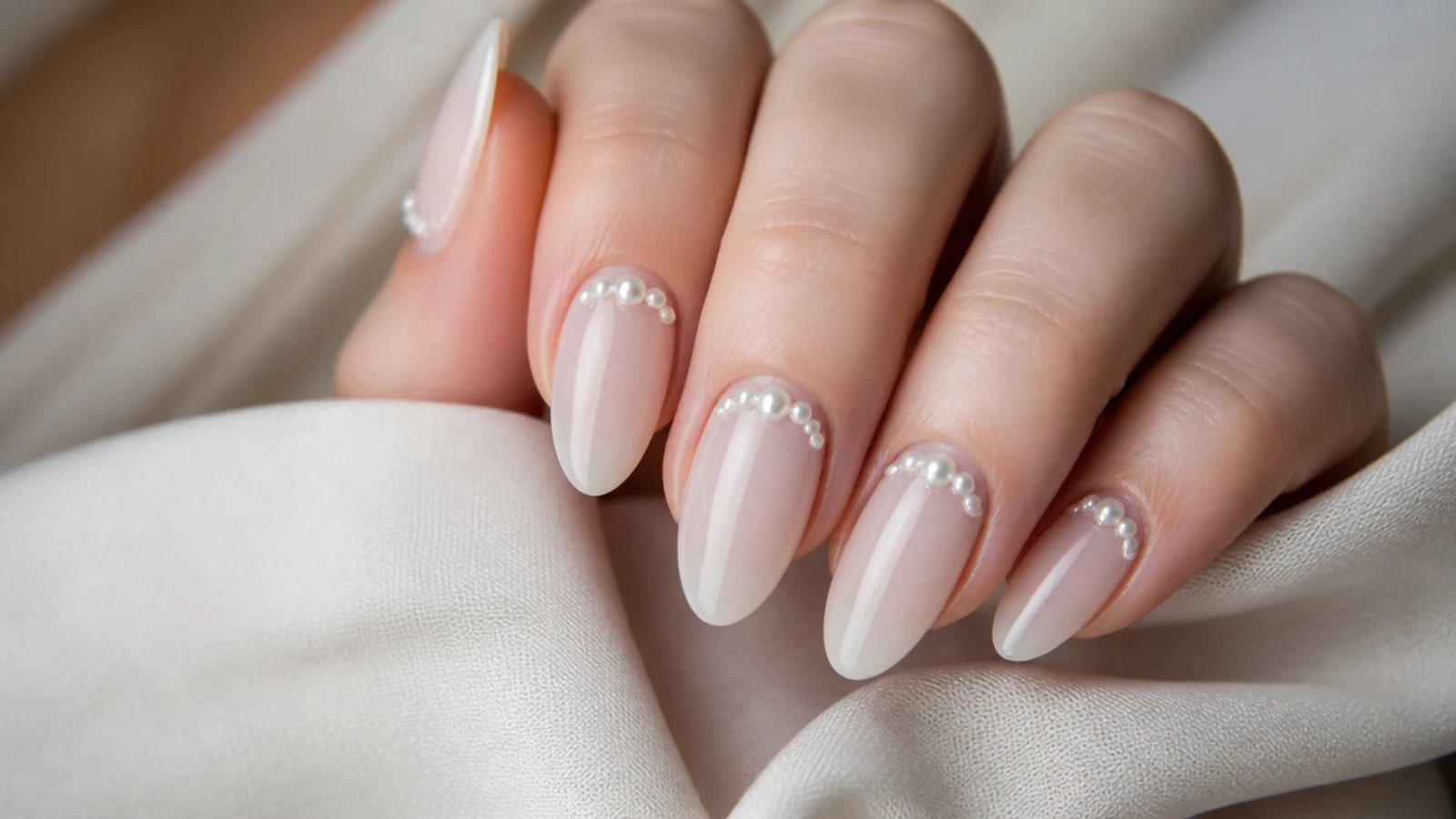 Milky nude almond nails with tiny flat back pearls clustered near the cuticle