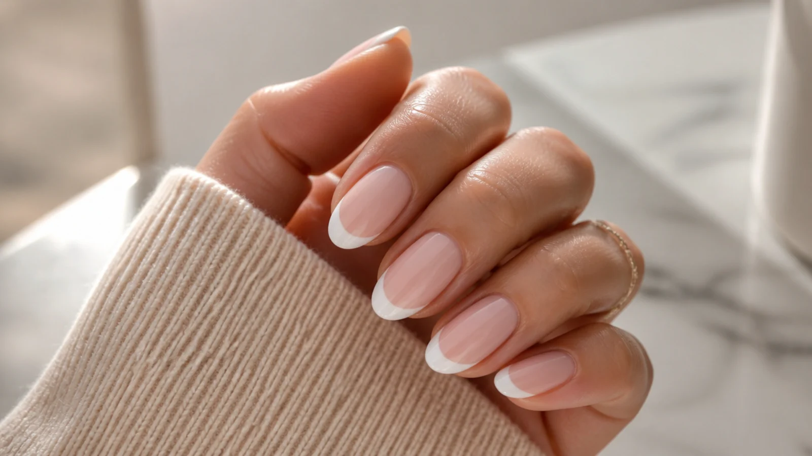 Almond nude French manicure with a crisp soft white smile line over a sheer pink nude base