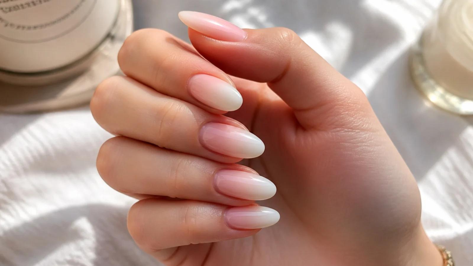 Medium nude ombre nails fading from a pink nude cuticle to a soft white tip