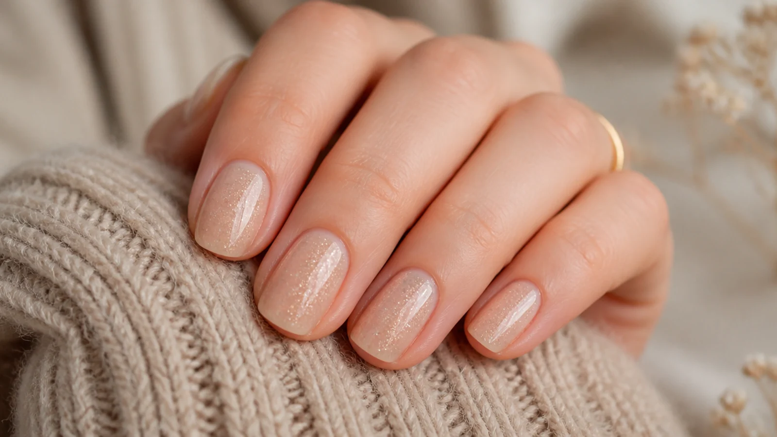 Nude nails with fine champagne micro glitter suspended in a sheer beige gel
