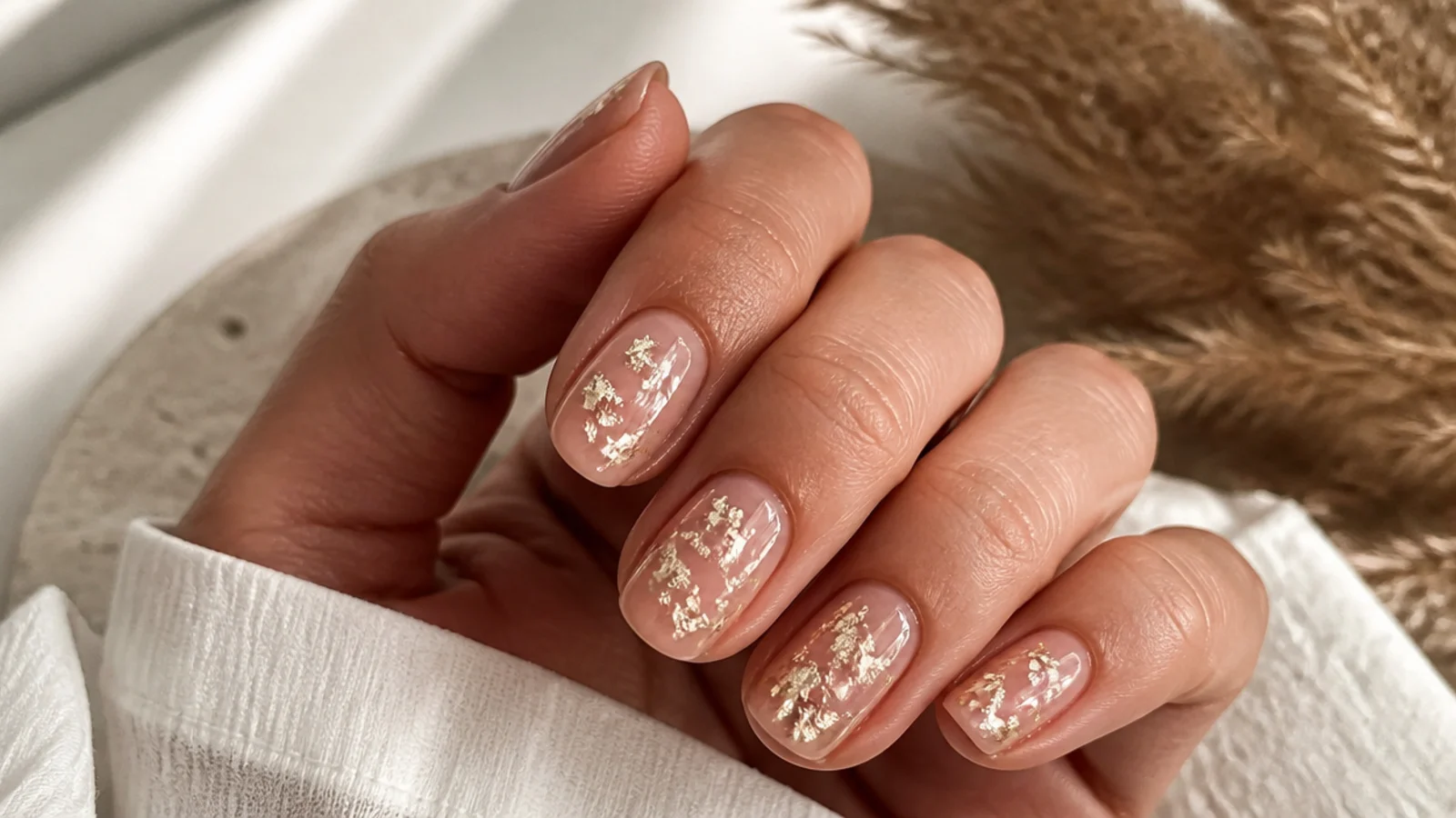 Sheer nude nails with torn gold leaf foil fragments sealed under a glossy top coat