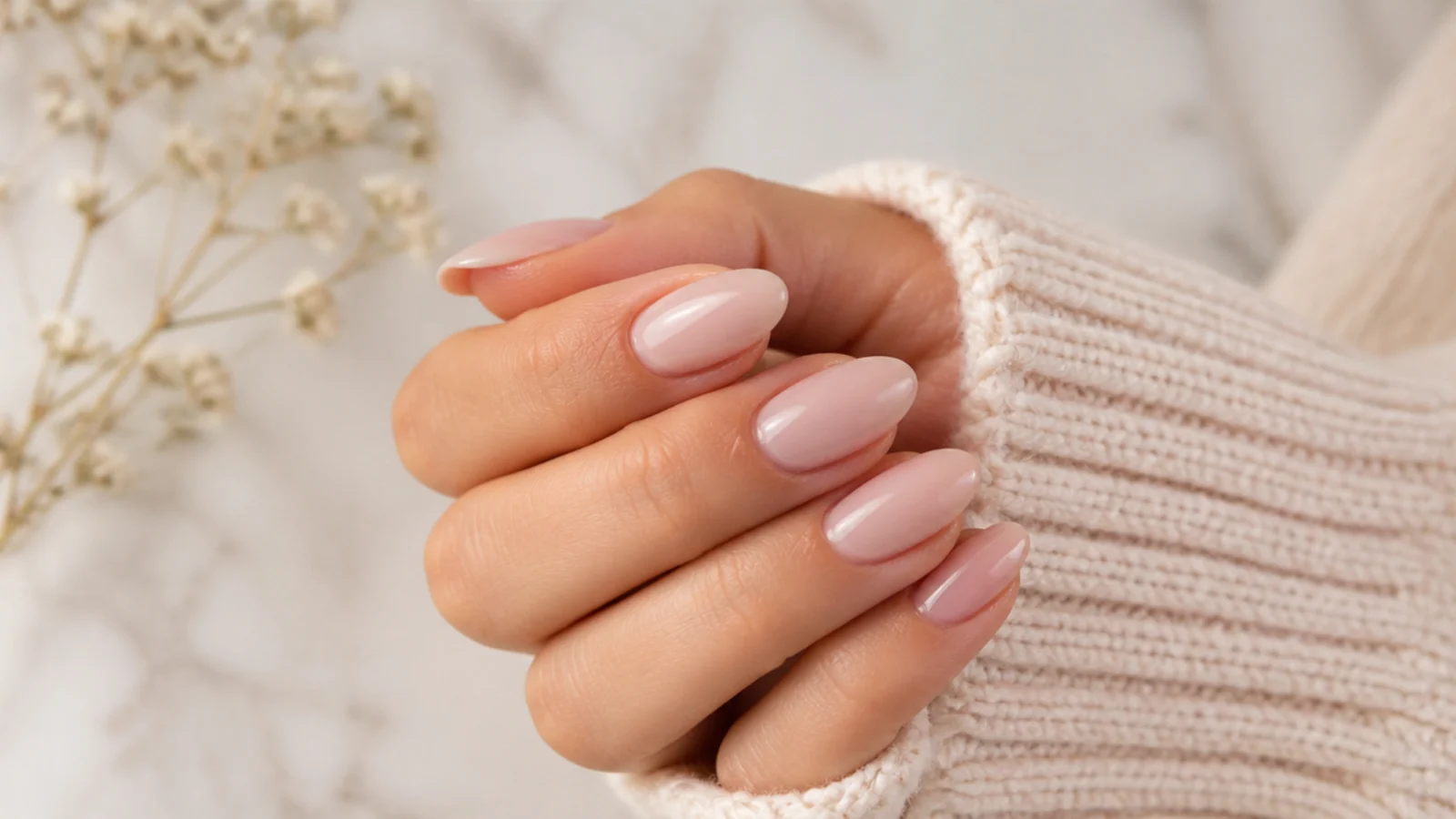Almond nails in a soft blush nude with high gloss and even medium length