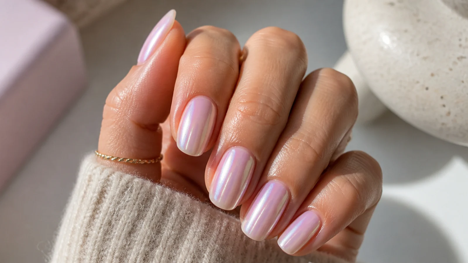 Nude nails with a pearl chrome glazed finish shifting pink and lilac in the light