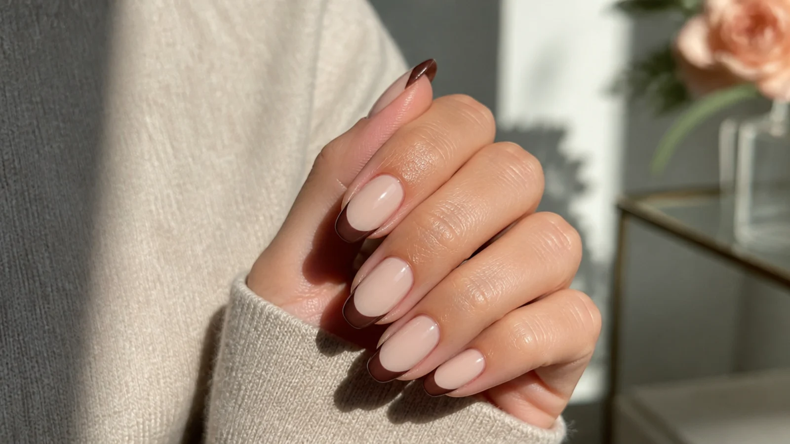 Nude nails with espresso brown French tips over a warm beige base at medium length