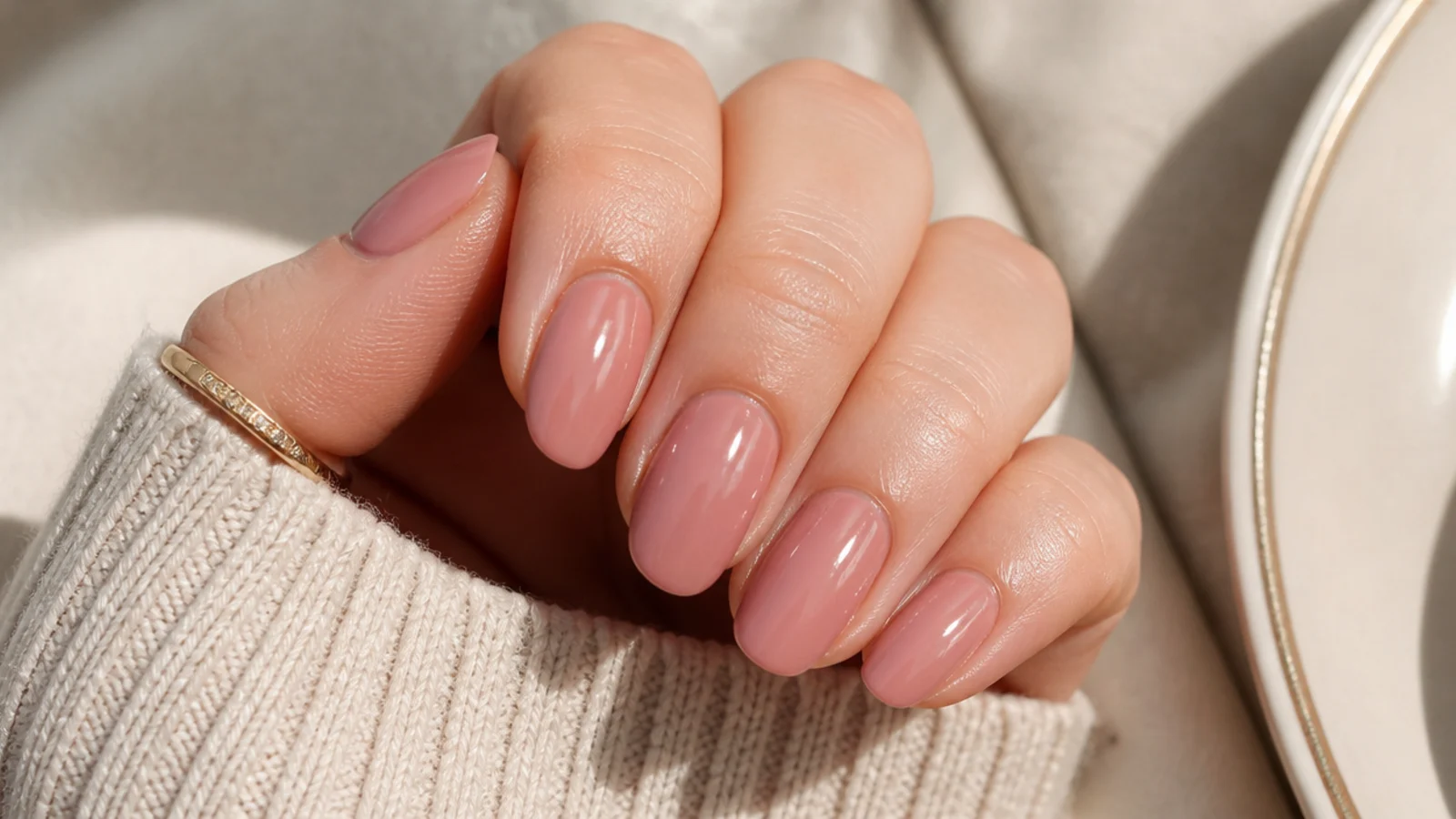 Oval nails in a rosy nude pink with an extremely glossy wet look finish
