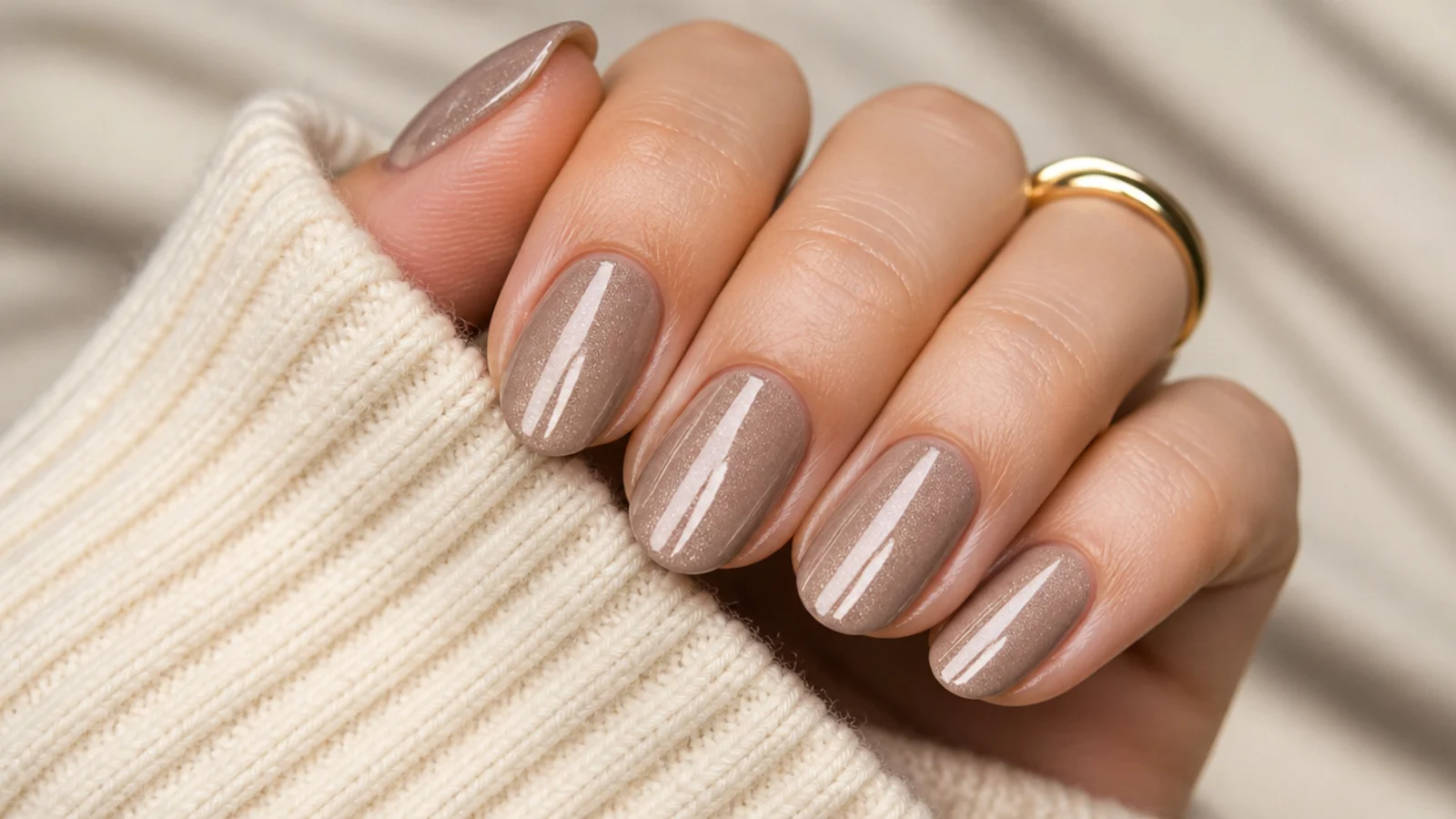 Nude taupe nails with a magnetic cat eye stripe of light running down each nail