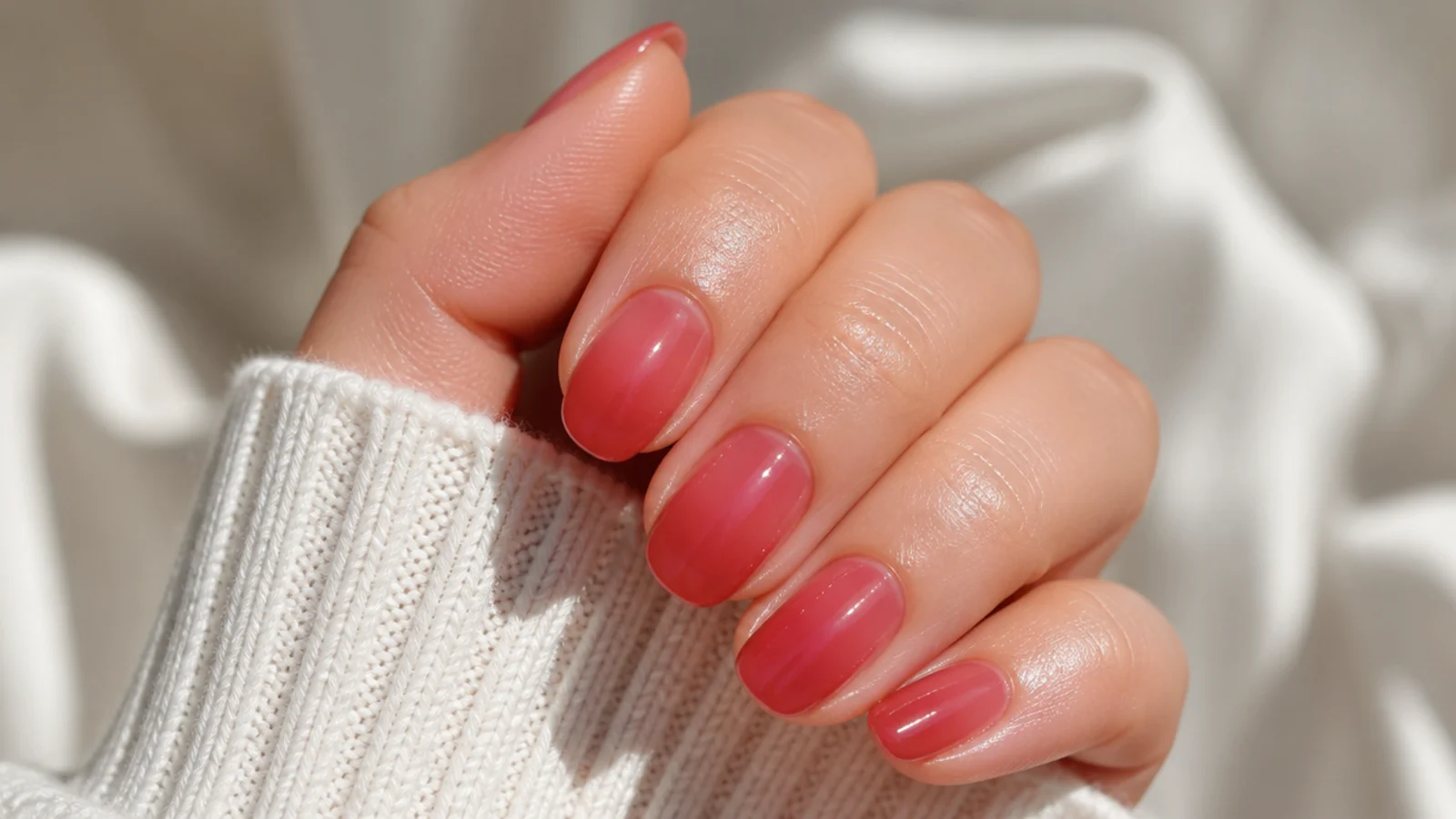 Nude nails with a translucent cherry red jelly wash over a bare nail plate