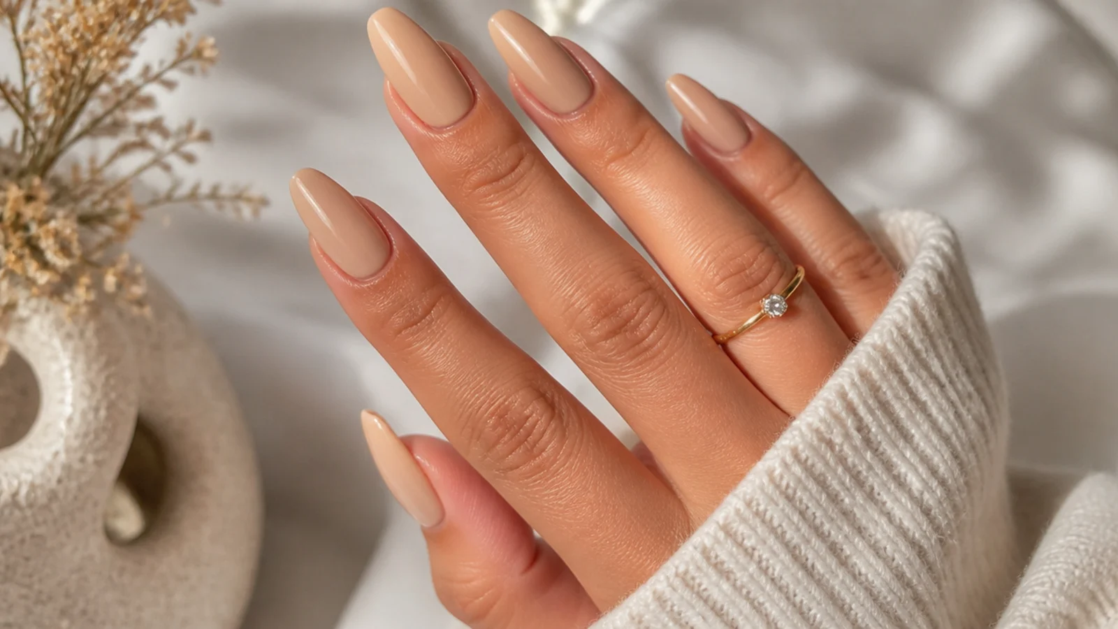 Long almond nude nails in a warm beige with tapered curved sidewalls and a glossy finish
