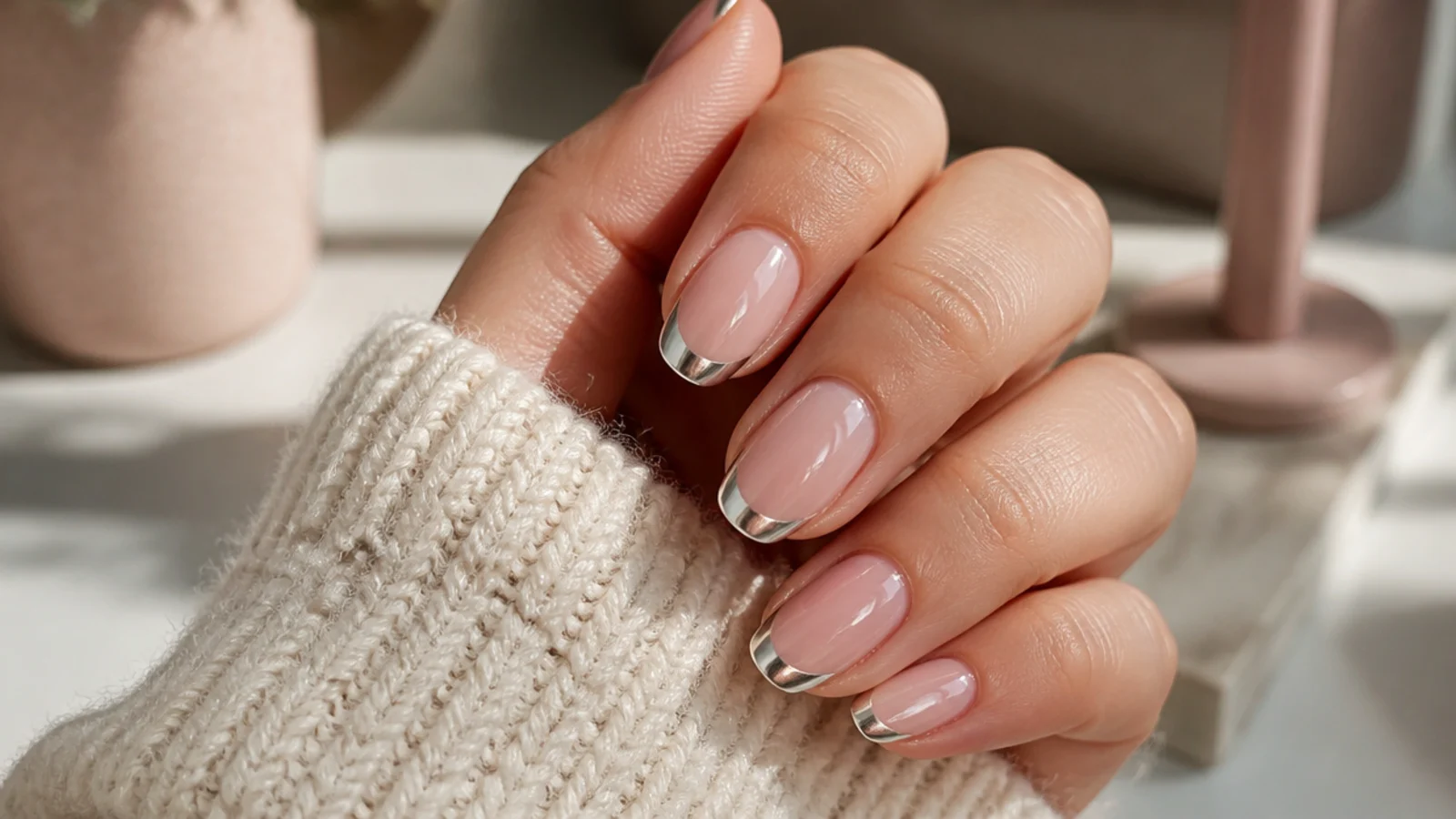 Nude nails with mirror silver chrome French tips catching light at the free edge