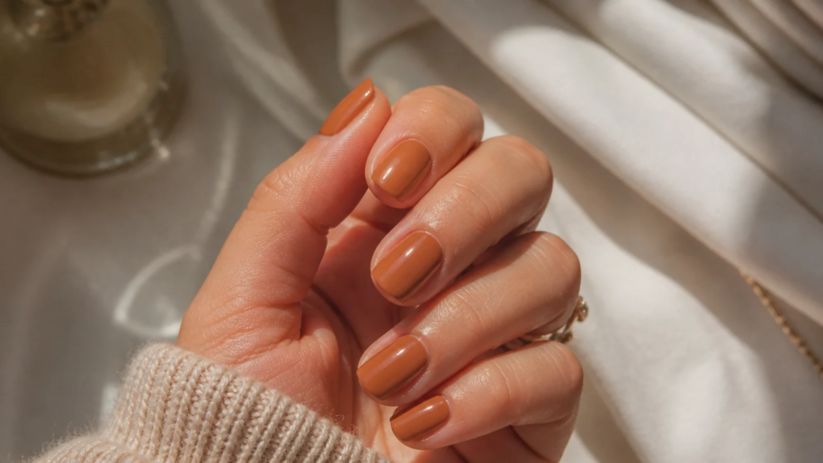 Short squoval nails in a warm caramel nude with a rich glossy amber tone