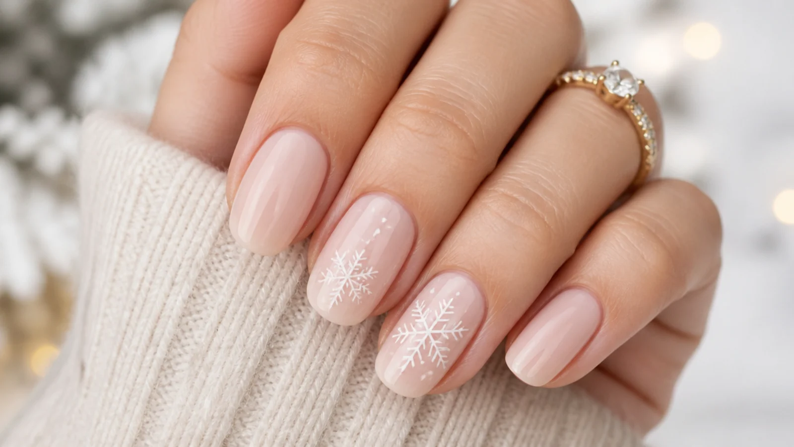 Milky nude nails with fine white hand painted snowflakes on two accent nails