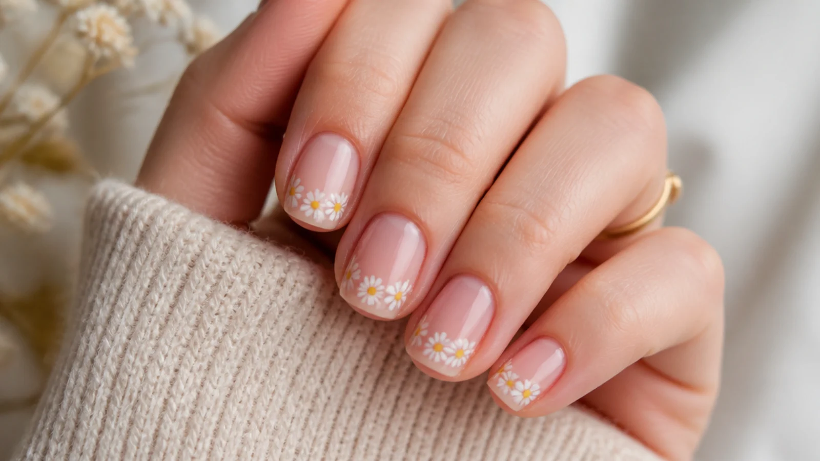 Sheer nude short nails with tiny white and yellow daisies painted near the free edge