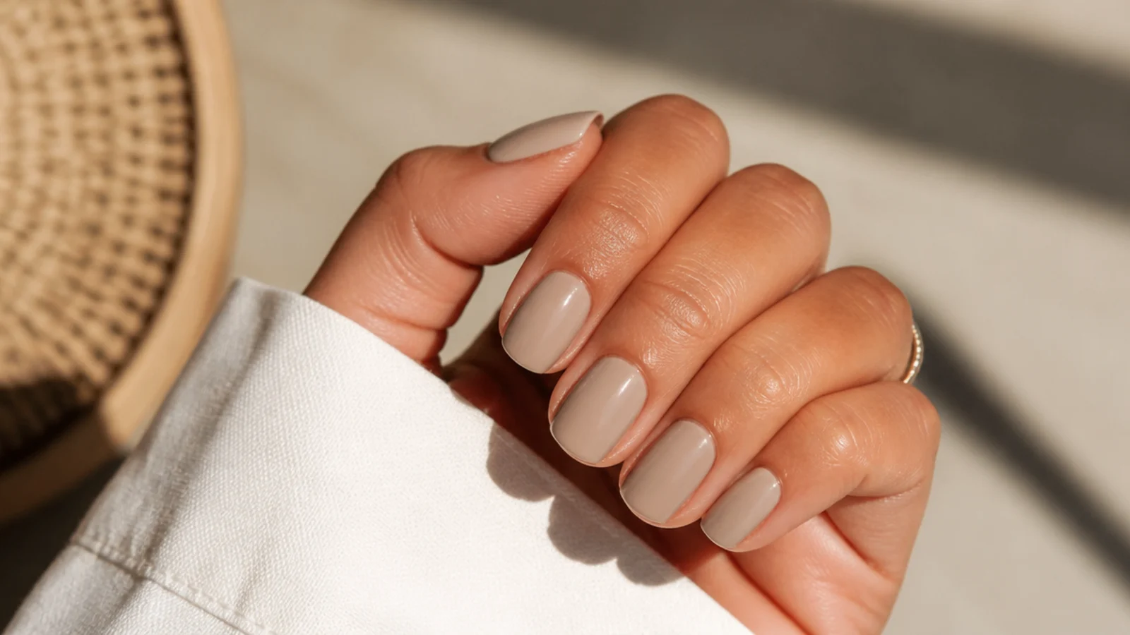 Short oval nails in a golden sand nude against sun tanned hands with glossy finish
